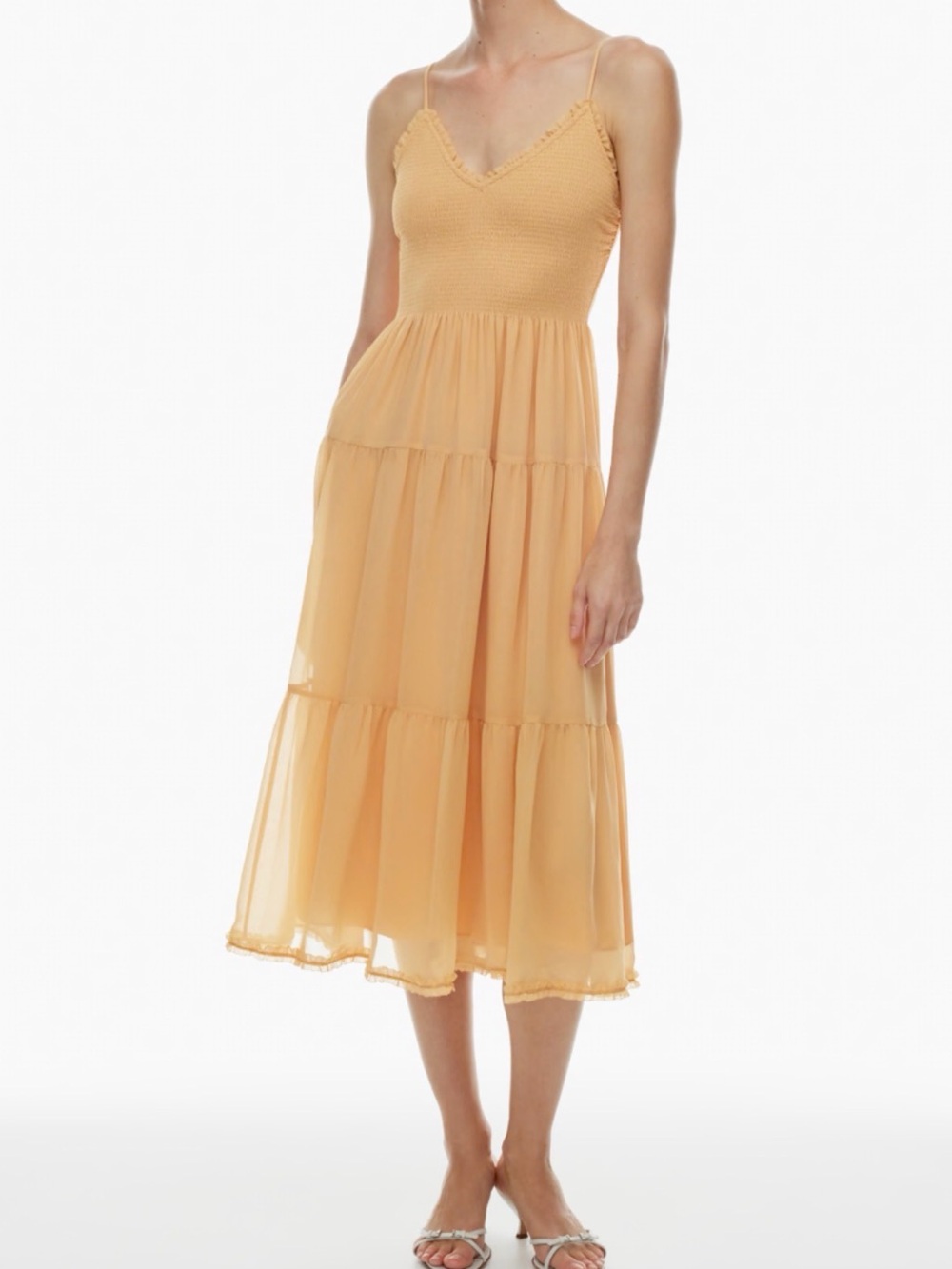 Aritzia Peach Tuberose Midi Dress with Smocked Bodice